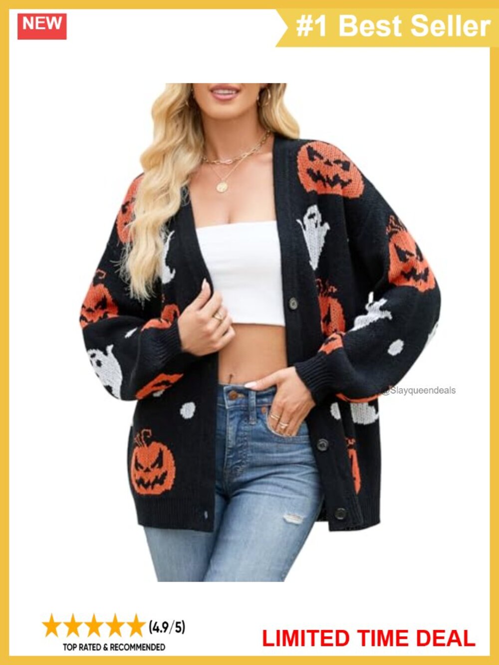 Halloween Pumpkin Ghost Cardigan Button V-Neck Lantern Sleeve Women Sweater